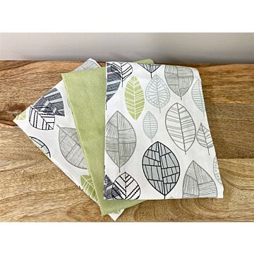 Pack Of 3 Kitchen Tea Towels With Contemporary Green Leaf Print Design