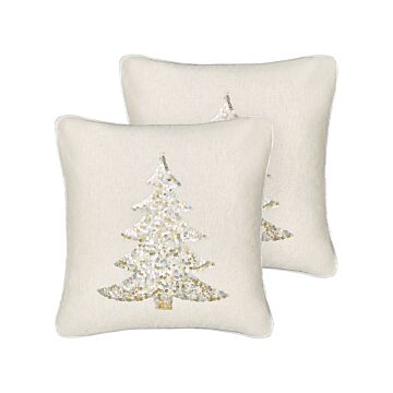 Set Of 2 Scatter Cushions Beige 45 X 45 Cm Christmas Tree Pattern Cotton Removable Covers Living Room Bedroom Beliani