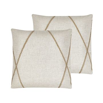 Set Of 2 Scatter Cushions Beige 45 X 45 Cm Jute Geometric Pattern Decorative Throw Pillows Removable Covers Zipper Closure Modern Boho Style Beliani