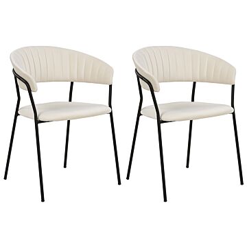 Set Of 2 Dining Chairs Cream Velvet Fabric Upholstery Black Metal Legs With Armrests Curved Backrest Modern Contemporary Design Beliani