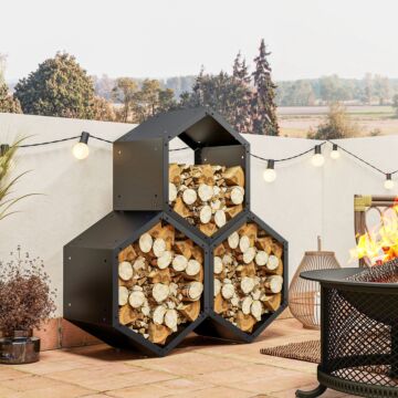 Outsunny Fireplace Log Rack, Steel Firewood Log Holder, 3 Hexagon Boxes, Indoor Outdoor Wood Storage Shelf, 113 X 37 X 113cm, Black