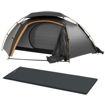 Outsunny Camping Tent With Self Inflatable Mattress, 1 Person Dome Tent With Removable Rainfly And Aluminium Frame, 2000mm Waterproof, Portable With Bags, For Fishing Hiking, Dark Grey/grey