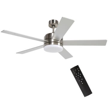 Homcom Ceiling Fan With Light, 132cm Flush Mount Led Ceiling Fan Light With 5 Reversible Blades, Remote Control, For Bedroom Living Room, Silver And Beech Wood-effect