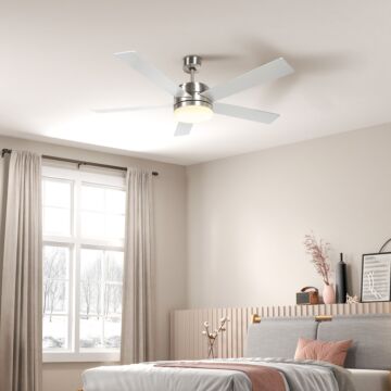 Homcom Ceiling Fan With Light, 132cm Flush Mount Led Ceiling Fan Light With 5 Reversible Blades, Remote Control, Silver And Beech Wood-effect