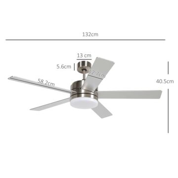 Homcom Ceiling Fan With Light, 132cm Flush Mount Led Ceiling Fan Light With 5 Reversible Blades, Remote Control, Silver And Beech Wood-effect