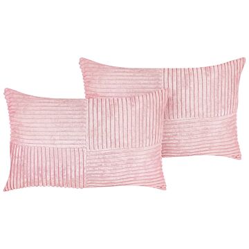 Set Of 2 Decorative Pillows Pink Corduroy 47 X 27 Cm Striped Pattern Modern Design Throw Cushions Beliani