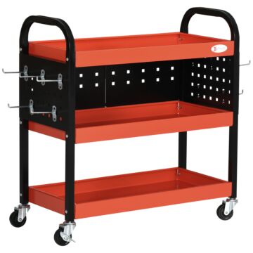 Durhand 3 Tier Shelf Tool Cart Storage Trolley Wheel Cart For Garage Workshop Warehouse Diy Tool With 10 Hooks 100 Kg Red