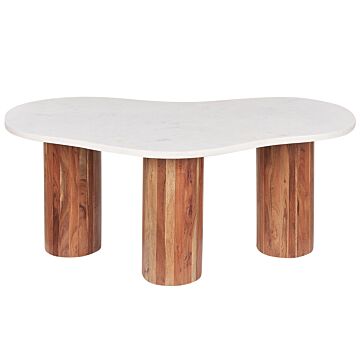 Coffee Table White Marble Acacia Wood Legs 90 X 45 X 35 Cm Oval Top Shape Living Room Modern Minimalist Beliani
