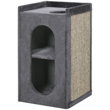 Pawhut 81 Cm Cat Scratching Barrel With 2 Cat Condos, Cat Play Tower With Scratching Pad, Cat Scratching Tree For Indoor Cats, Grey