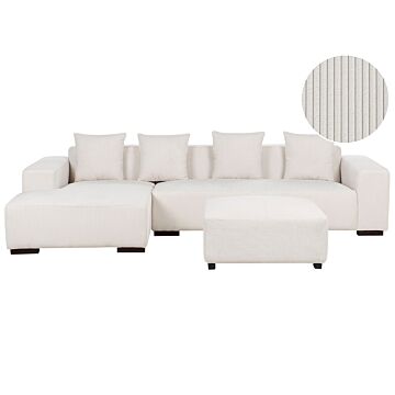 Right Hand Corner Sofa With Ottoman Off-white Corduroy L-shaped 4 Seater Jumbo Cord With Throw Pillows Modern Design Beliani