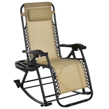 Outsunny Garden Rocking Chair Folding Recliner Outdoor Adjustable Sun Lounger Rocker Zero-gravity Seat With Headrest Side Holder Patio Deck - Beige