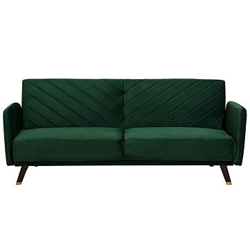 Sofa Bed Emerald Green Velvet Fabric Modern Living Room 3 Seater Wooden Legs Track Arm Beliani
