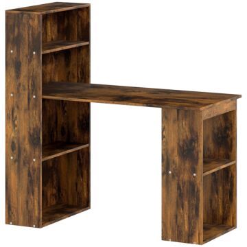 Homcom 120cm Computer Desk, Wooden Pc Laptop Table With 6-tier Storage Bookshelves, Home Office Working Study Desk, Writing Workstation, Rustic Brown Wood-effect