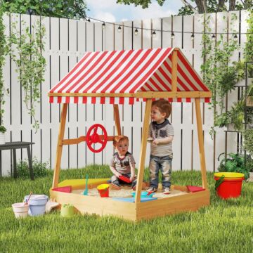 Aiyaplay Wooden Kids Sandpit Boat Style With Canopy, 4 Seats, Rudder, Bottom Liner, For Children 3-8 Years, Yellow