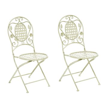 Set Of 2 Garden Chairs Light Green Iron Foldable Distressed Metal Outdoor Uv Rust Resistance French Retro Style Beliani