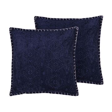 Set Of 2 Decorative Cushions Blue Geometric Pattern 45 X 45 Cm Distressed Vintage Glamour Decor Accessories Beliani