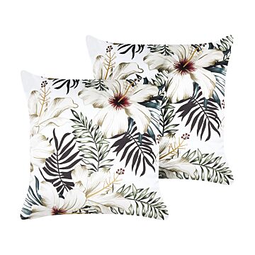 Set Of 2 Decorative Cushions White And Green Velvet 45 X 45 Cm Leaf Pattern Boho Decor Accessories Beliani