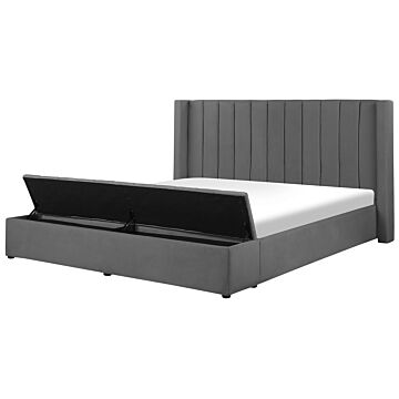 Eu Super King Size Panel Bed Grey Velvet 6ft Slatted Base High Headrest With Storage Bench Beliani