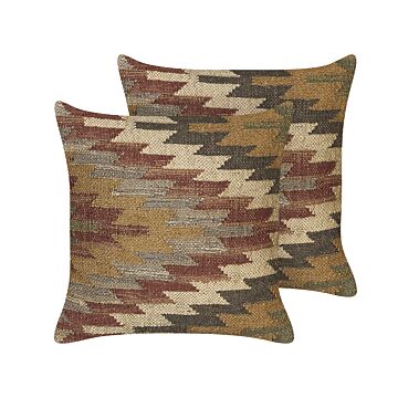 Set Of 2 Scatter Cushions Multicolour Jute Cotton 45 X 45 Cm Geometric Pattern Handmade Removable Cover With Filling Beliani