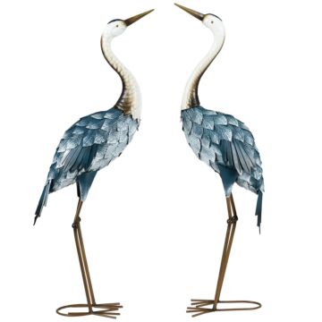 Outsunny Crane Garden Ornaments, 2 Pcs Garden Statue Set, Steel Garden Gifts For Patio Pond Landscape Decoration, Multi-colour