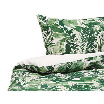 Duvet Cover And Pillowcase Set Green And White Cotton Blend 155 X 220 Cm Leaf Print Modern Boho Bedroom Beliani
