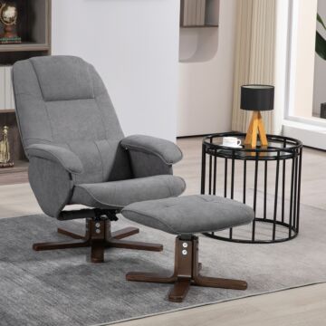 Homcom Linen Swivel Recliner Chair With Footstool, Upholstered Reclining Armchair With Wooden Base, Grey