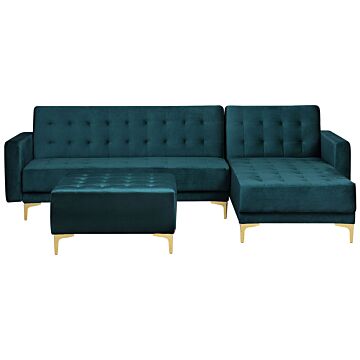 Corner Sofa Bed Teal Velvet Tufted Fabric Modern L-shaped Modular 4 Seater With Ottoman Left Hand Chaise Longue