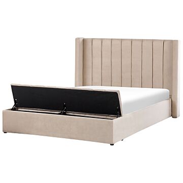 Eu King Size Panel Bed Beige Velvet 5ft5 Slatted Base High Headrest With Storage Bench Beliani