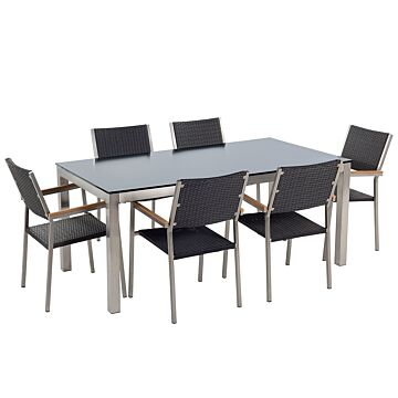 Garden Dining Set Black With Black Glass Table Top Rattan Chairs 6 Seats 180 X 90 Cm Beliani