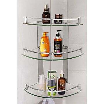 3 Tiers Tempered Glass Corner Shelf With Steel Bathroom Rail Wall Mounted