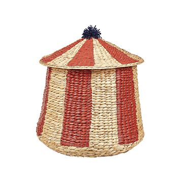 Wicker Basket Beige Red Water Hyacinth Woven Circus Motif Tent With Lid Pompom Toy Hamper Child's Room Accessory Beliani