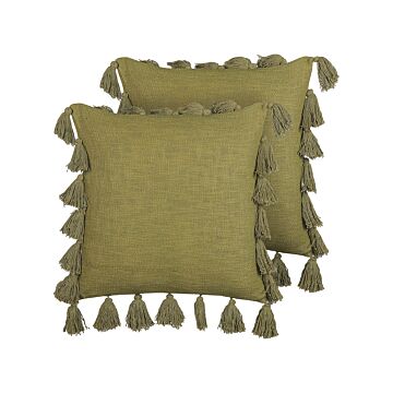Set Of 2 Decorative Cushion Green Cotton 45 X 45 Cm With Tassels Modern Boho Decor Accessories Beliani