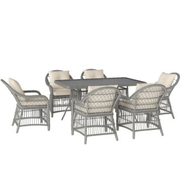 Outsunny Rattan Dining Set With Seat And Back Cushions, 6 Seater Garden Furniture Set With Aluminium Frame, 6 Chairs, Wpc Top Rectangle Table, Conservatory Wicker Patio Furniture, Grey