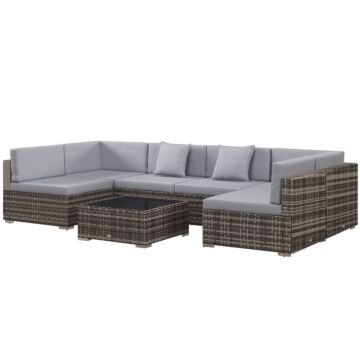 Outsunny 7 Pcs Pe Rattan Garden Furniture Set W/ Thick Padded Cushion, Patio Corner Sofa Sets W/ Glass Coffee Table & Pillows, Mixed Grey