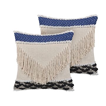 Set Of 2 Scatter Cushions Beige Cotton 45 X 45 Cm Pillow Case Textured Fringe With Polyester Filling Beliani