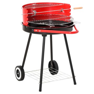 Outsunny Charcoal Barbecue Grill Garden Bbq Trolley W/ Adjustable Grill Pan Height, Wheels And 3 Layers, Red