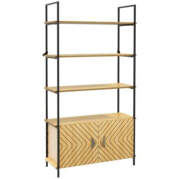 Homcom Industrial Bookshelf 4-tier Shelving With Double Door Cabinet And Metal Frame For Living Room, Bedroom, Oak Tone