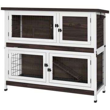 Pawhut 2 Tiers Rabbit Cage Outdoor Guinea Pig Hutch With Sliding Trays, Asphalt Roof, No Screws Installation, For 1-2 Rabbits