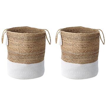 Set Of 2 Storage Baskets Cotton Jute White And Natural 50 Cm Laundry Bins Boho Beliani