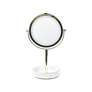 Makeup Mirror Gold And White Iron Metal Frame Ceramic Base Ø 26 Cm With Led Light 1x/5x Magnification Double Sided Beliani