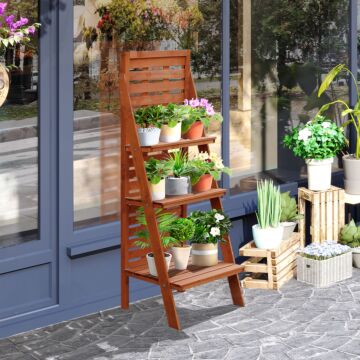 Outsunny Solid Wood Three-tier Plant Rack Outdoor Organiser Unit Flower Herb Stand Ladder Design Storage Holder
