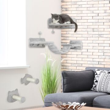 Pawhut 4pcs Cat Wall Shelves With Steps, Ladder, Jumping Platforms, Light Grey