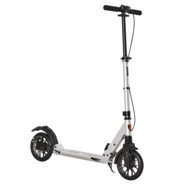 Homcom Adult Teens Kick Scooter Foldable Height Adjustable Aluminum Ride On Toy For 14+ With Rear Wheel & Hand Brake, Shock Mitigation System - Silver
