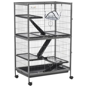Pawhut Small Animal Cage For Chinchilla Ferret Kitten On Wheels With Hammocks Removable Tray, Silver Grey