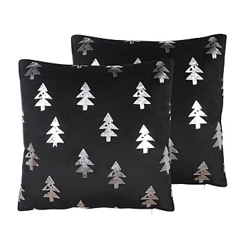 Set Of 2 Scatter Cushions Black Velvet Fabric 45 X 45 Cm Christmas Tree Pattern Zippered Cases Beliani