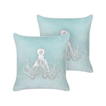 Set Of 2 Scatter Cushions Blue Velvet 45 X 45 Cm Marine Octopus Motif Square Polyester Filling Home Accessories Beliani