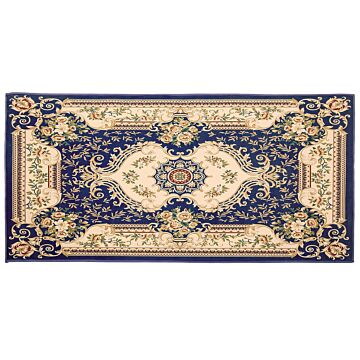 Area Rug Carpet Blue White Polyester Fabric Floral Victorian Pattern Rubber Coated Bottom 80 X 150 Cm Beliani
