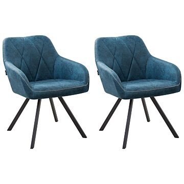 Set Of 2 Dining Chairs Blue Fabric With Arms Quilted Backrest Black Metal Legs Retro Transitional Beliani
