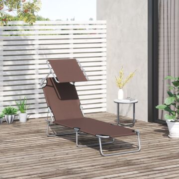 Outsunny Reclining Chair Sun Lounger Folding Lounger Seat With Sun Shade Awning Beach Garden Outdoor Patio Recliner Adjustable (brown)