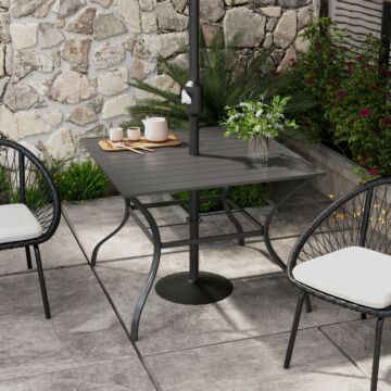 Outsunny 94 * 94 Cm Garden Table With Parasol Hole, Outdoor Dining Garden Table For Four With Slatted Metal Plate Top, Dark Grey